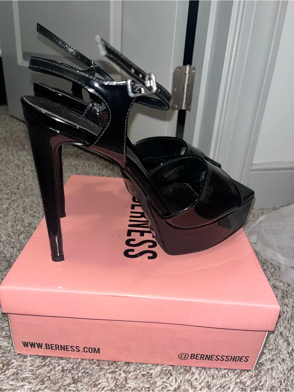 Berne’s Genevieve Black Patent Platform High Heel Sandals